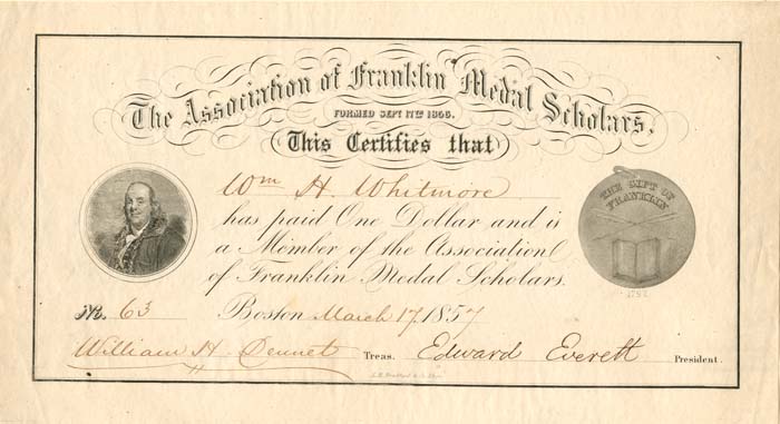 Edward Everett signed Membership Receipt - Association of Franklin Medal Scholars